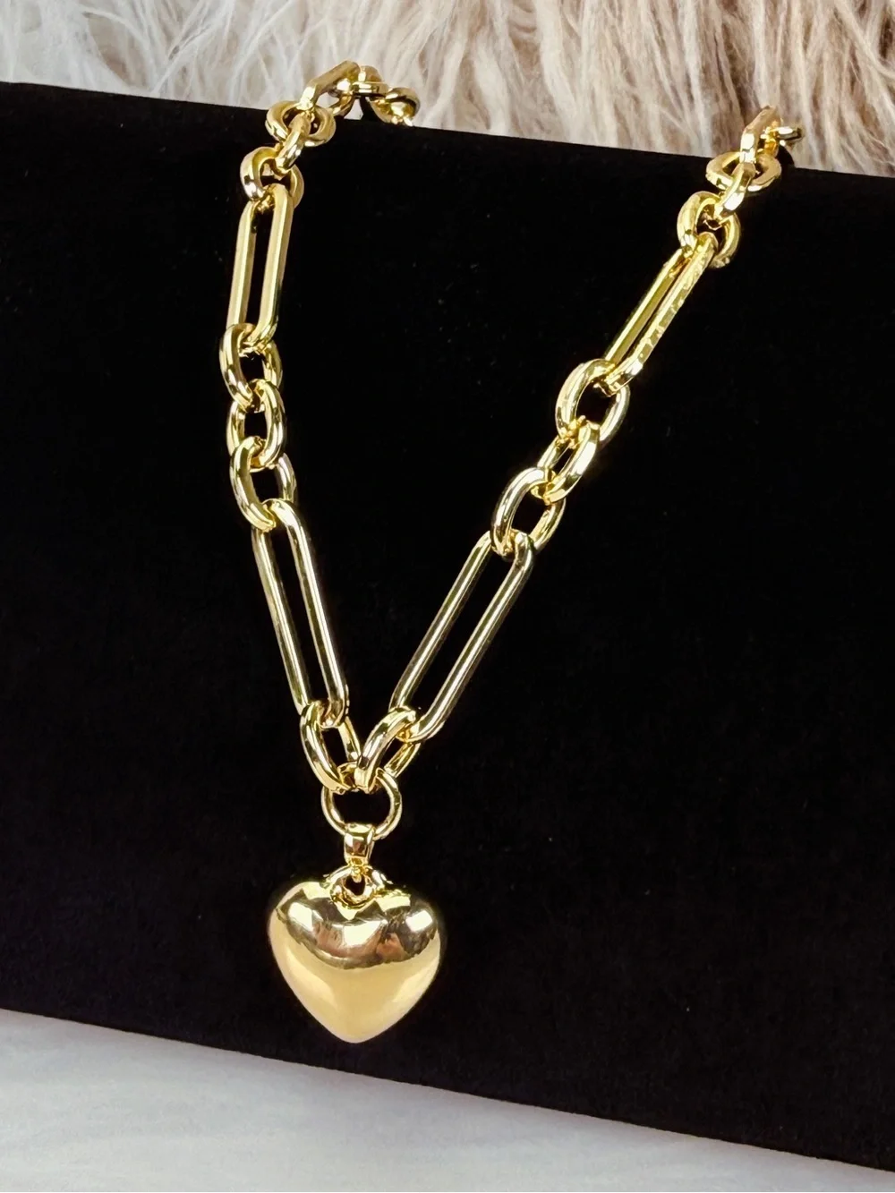 Gold Tone Paperclip Link Chain Puffy Heart Pendant Statement Necklace